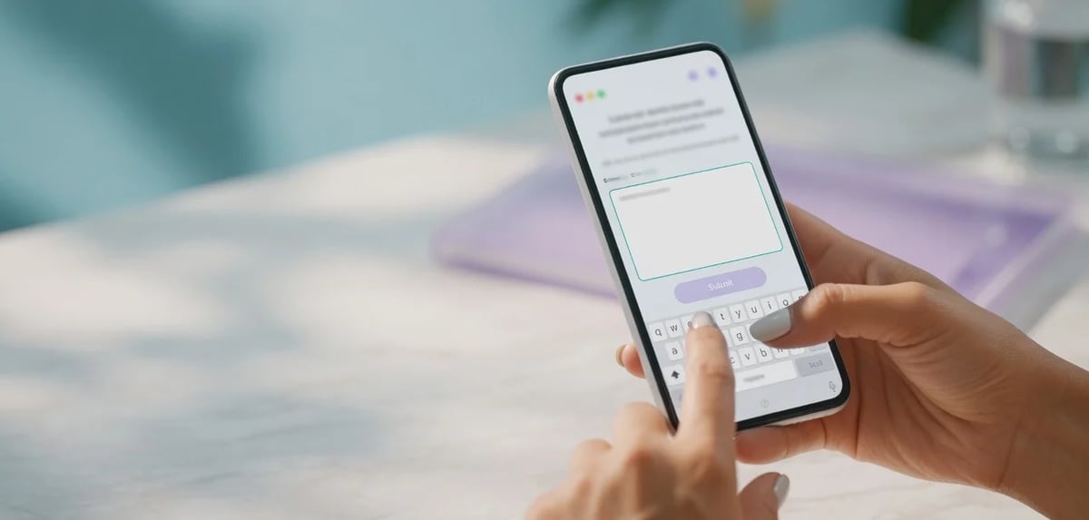 A person typing an answer to an open-ended survey question on a smartphone