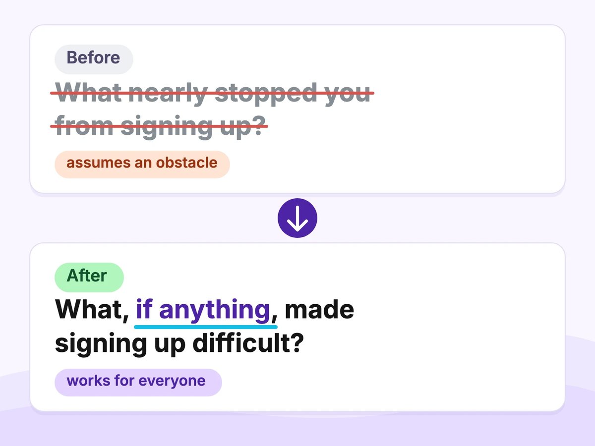 A leading survey question crossed out and replaced with a neutral open-ended question
