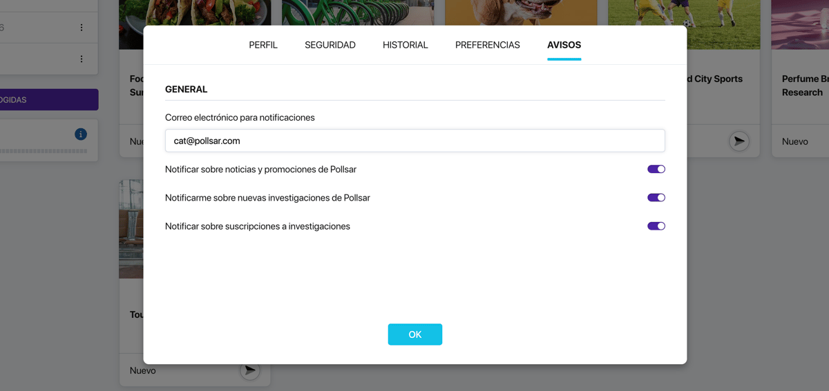 Pestaña «Notificaciones» en la configuración del perfil de Pollsar con los bloques «General», «Para autores» y «Para encuestados»