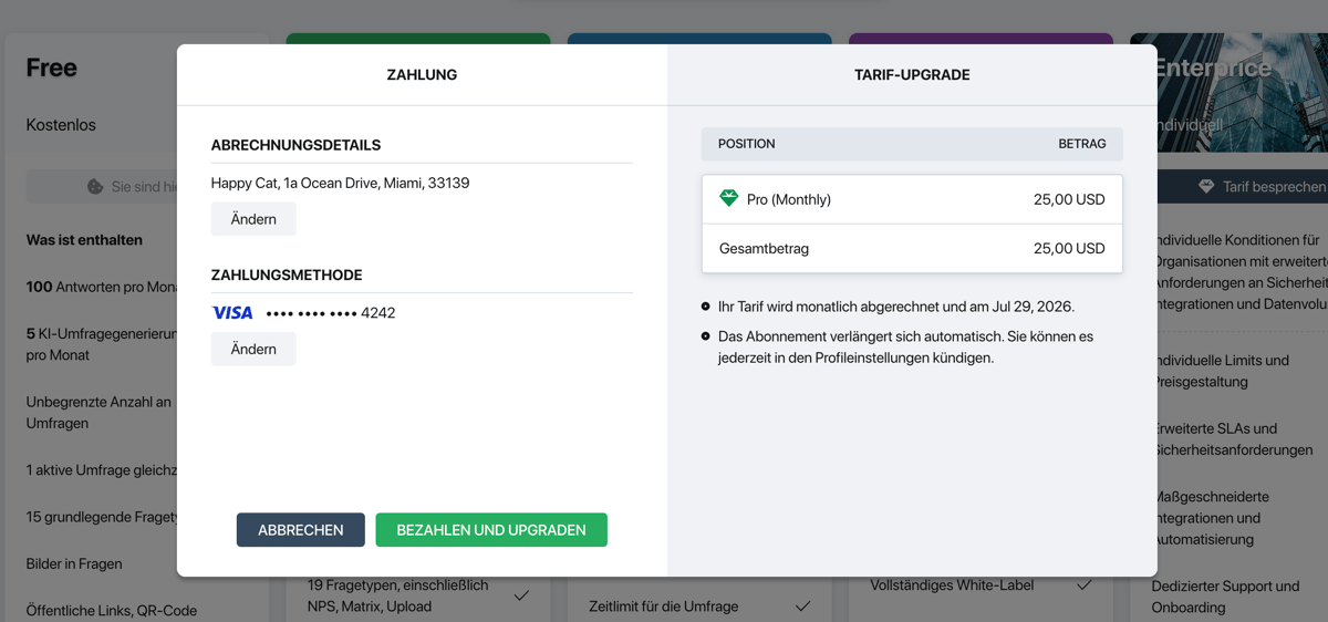 Pollsar-Zahlungsfenster — Zahlungsbereich mit Abrechnungsdetails und Zahlungsmethode links, Tarif-Upgrade-Tabelle rechts, Schaltflächen Abbrechen und Bezahlen und upgraden unten
