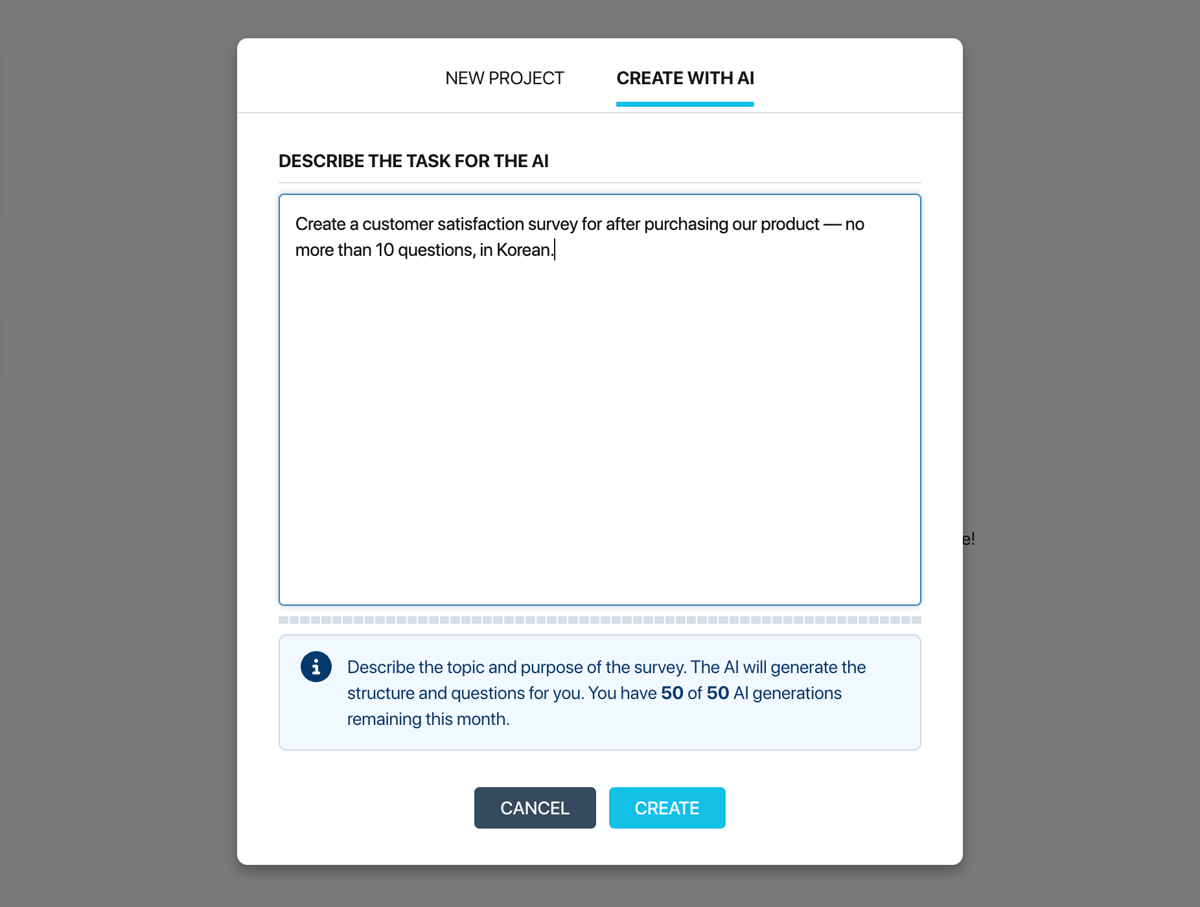 Pollsar project creation window — the Create with AI tab with the task description text field and the generations indicator
