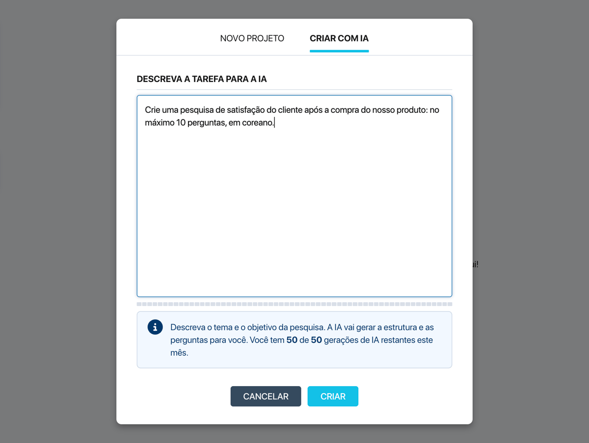 Janela de criação do projeto do Pollsar — a aba Criar com IA com o campo de texto de descrição da tarefa e o indicador de gerações
