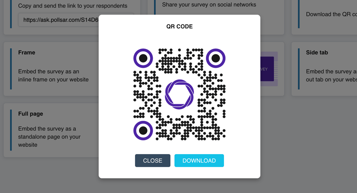 The QR code window: a large branded QR code with a download button