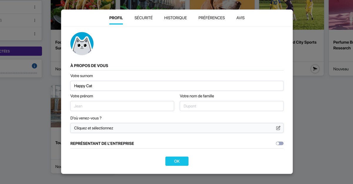 Onglet « Profil » de Pollsar avec les champs pseudonyme, nom et avatar