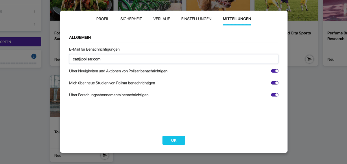 Tab «Benachrichtigungen» in den Pollsar-Profileinstellungen mit den Blöcken «Allgemein», «Für Autoren» und «Für Befragte»