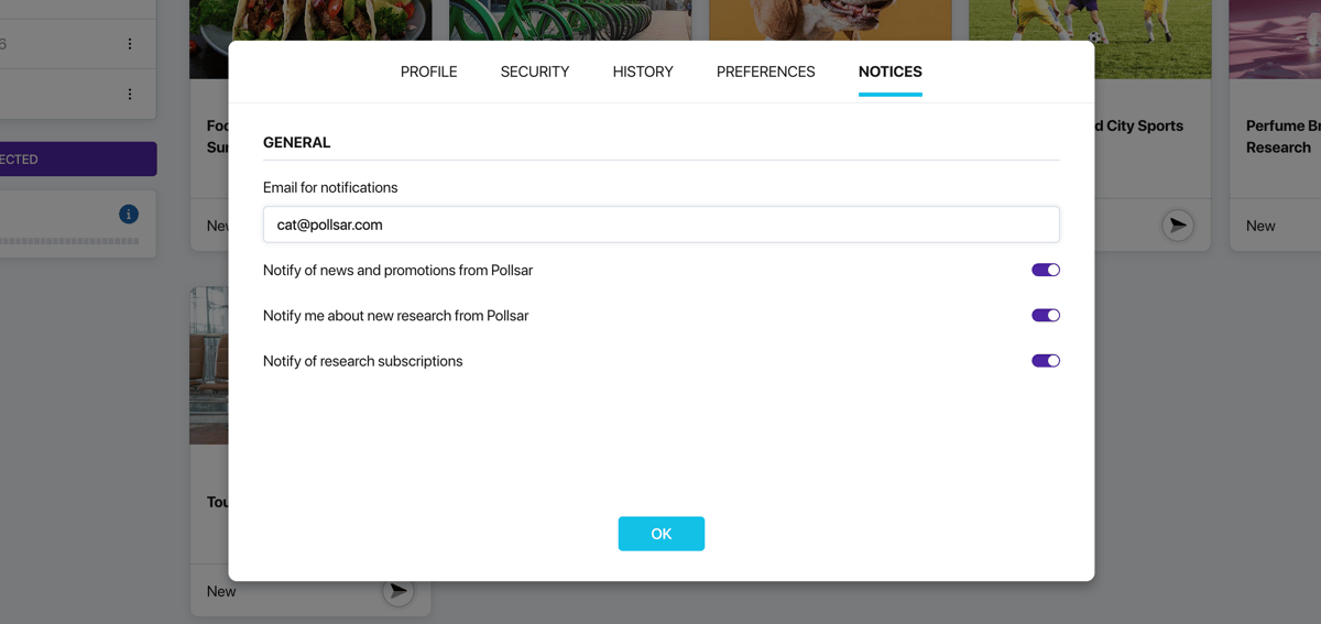 Notices tab in Pollsar profile settings with General, To the Authors, and To the Respondents blocks