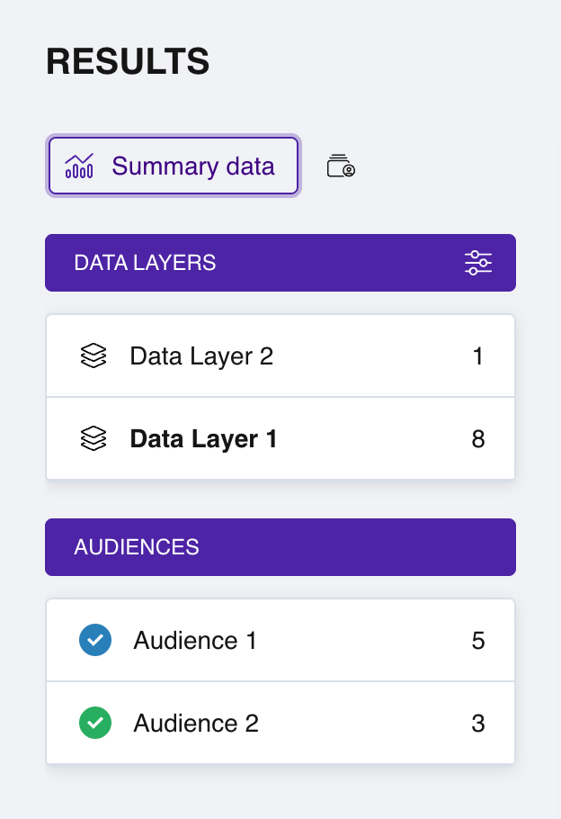 The left panel of the Results section showing a list of audiences with checkboxes, colored labels and response counters