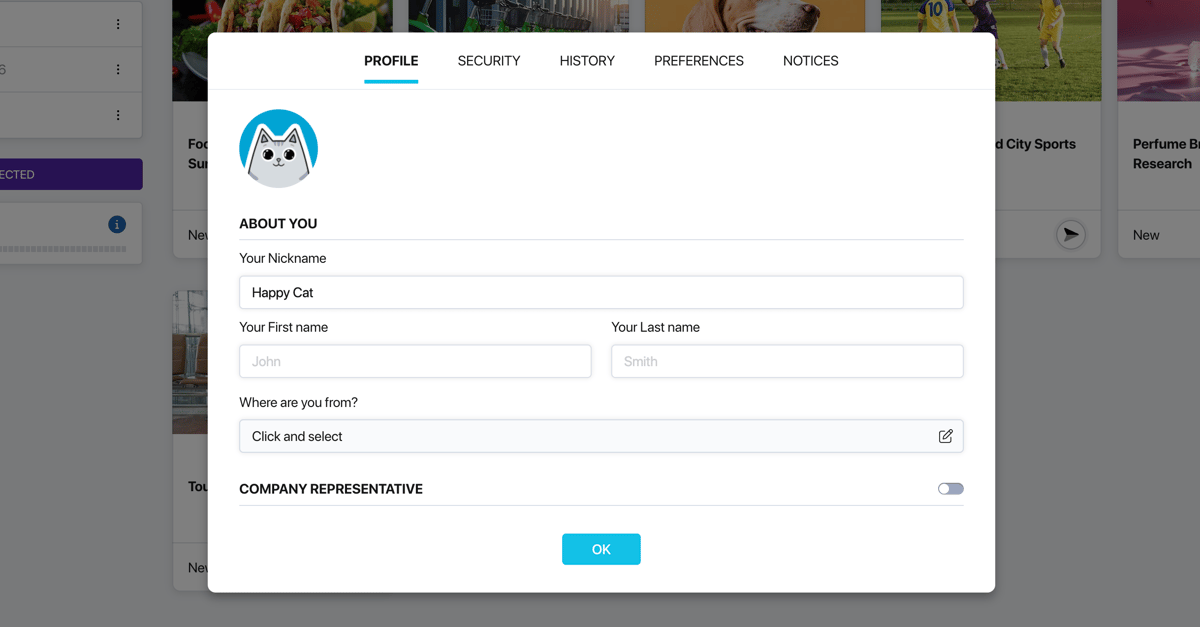 Pollsar Profile tab with nickname, name, and avatar fields