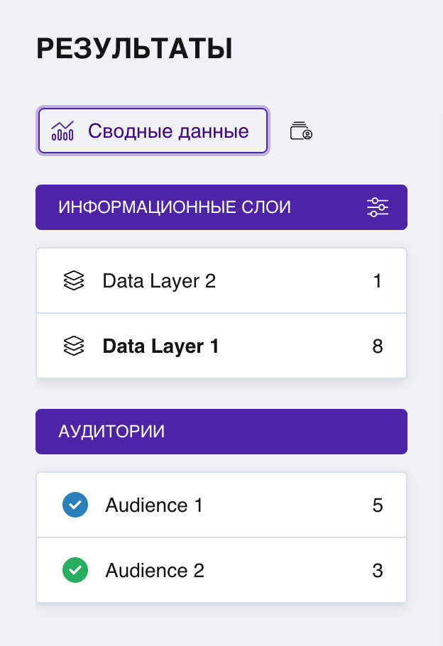 Левая панель раздела «Результаты» со списком аудиторий с чекбоксами, цветными метками и счётчиками ответов