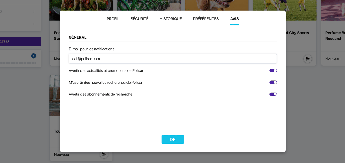 Onglet « Notifications » dans les paramètres du profil Pollsar avec les blocs « Général », « Aux auteurs » et « Aux répondants »