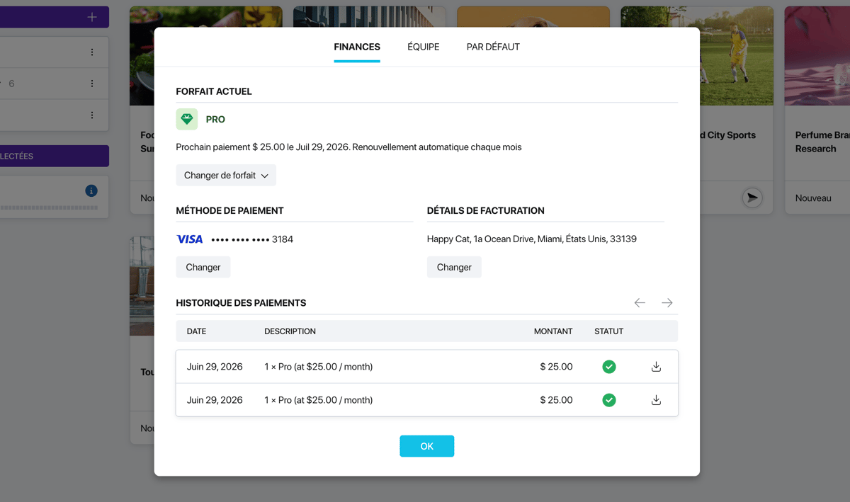 Section Finances de Pollsar avec l'abonnement actif, informations sur le prochain paiement et bouton Changer de forfait