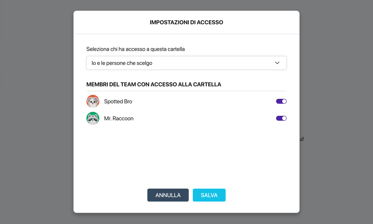 Finestra delle impostazioni di accesso alla cartella di Pollsar con il menu a discesa del livello di accesso e gli interruttori dei membri del team