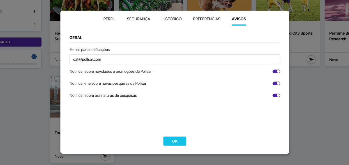 Aba «Notificações» nas configurações do perfil do Pollsar com os blocos «Geral», «Para autores» e «Para respondentes»