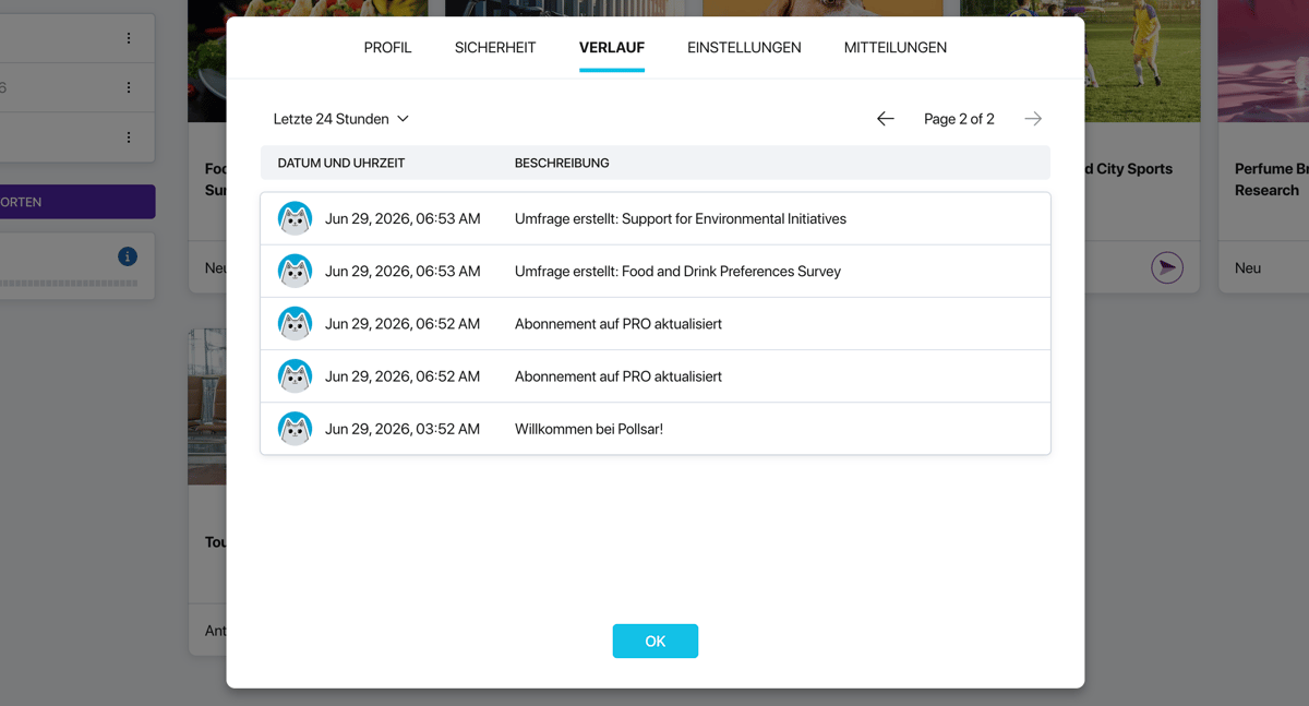 Tab «Verlauf» in den Pollsar-Profileinstellungen — Ereignistabelle mit Zeitraum- und Mitgliederfiltern