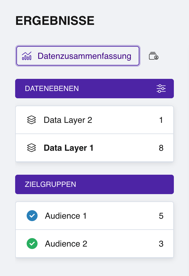 Der linke Bereich des Abschnitts Ergebnisse mit einer Liste von Zielgruppen mit Kontrollkästchen, farbigen Markierungen und Antwortzählern