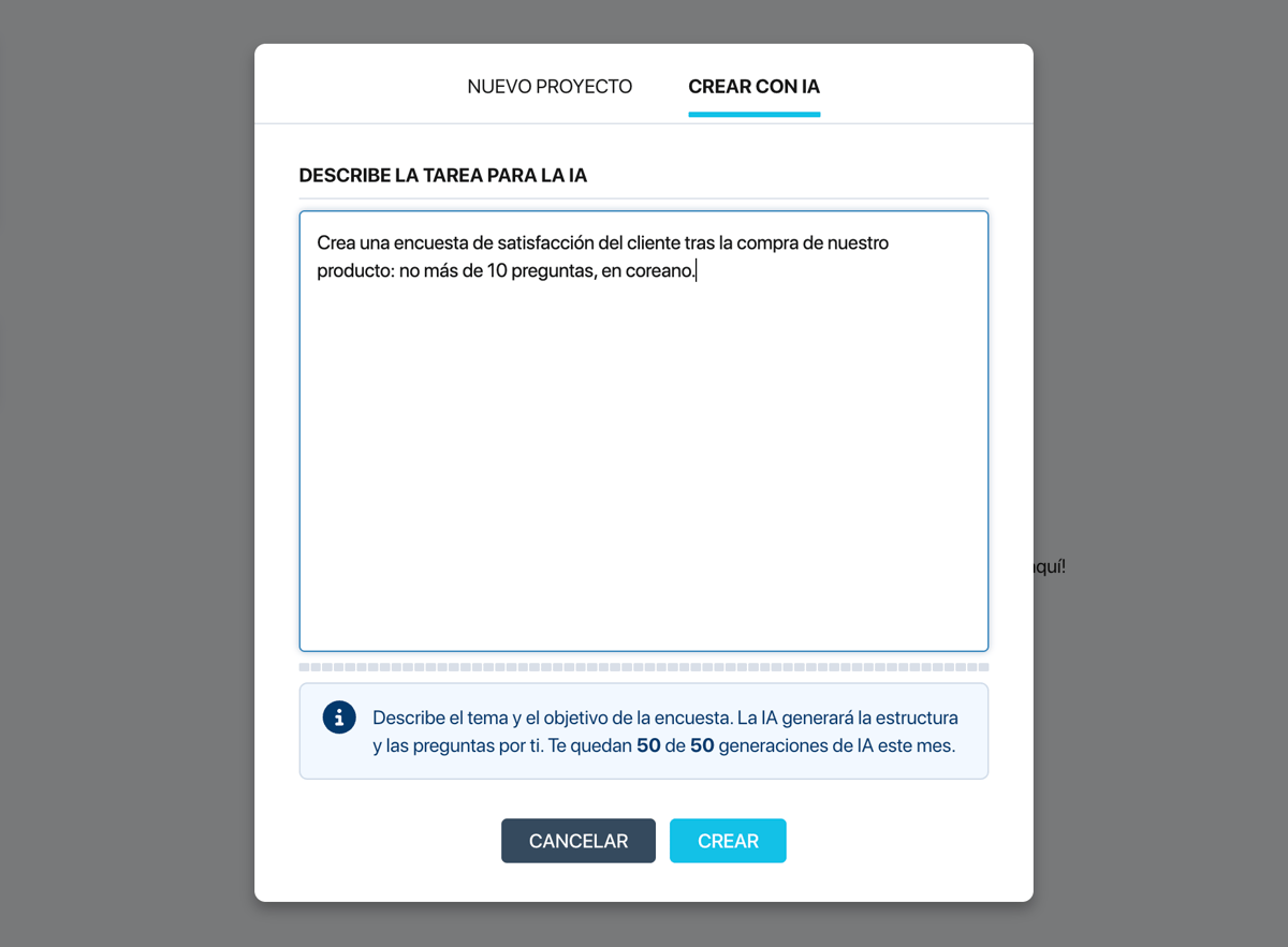 Ventana de creación del proyecto de Pollsar — la pestaña Crear con IA con el campo de texto de descripción de la tarea y el indicador de generaciones