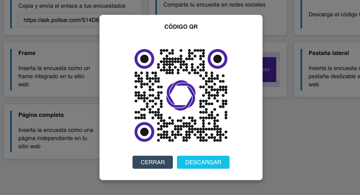 La ventana del código QR: un código QR grande de marca con un botón de descarga