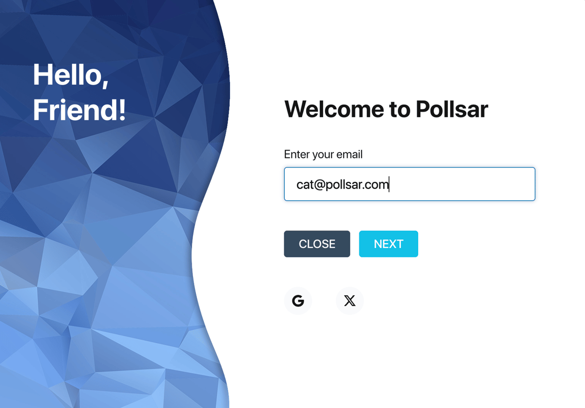 Модальное окно входа в Pollsar с полем ввода email и кнопками соцсетей