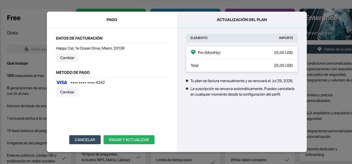 Ventana de pago de Pollsar — sección de pago con datos de facturación y método de pago a la izquierda, tabla de actualización del plan a la derecha, botones Cancelar y Pagar y actualizar en la parte inferior