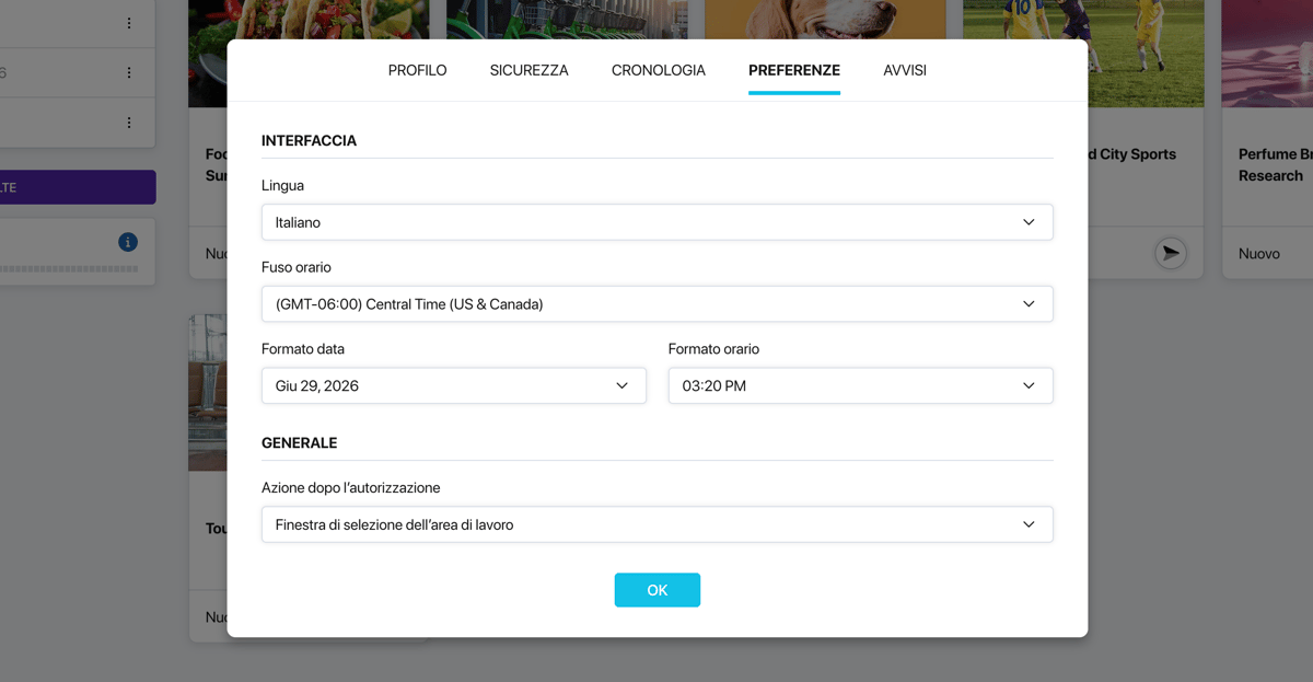 Scheda «Preferenze» nelle impostazioni del profilo Pollsar con i blocchi «Generale» e «Interfaccia»