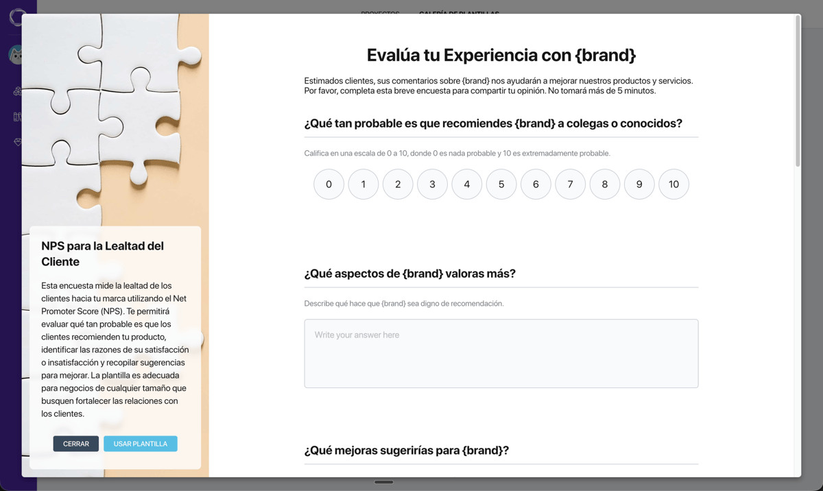 Ventana de vista previa de plantilla de Pollsar — descripción a la izquierda, vista previa interactiva de la encuesta a la derecha