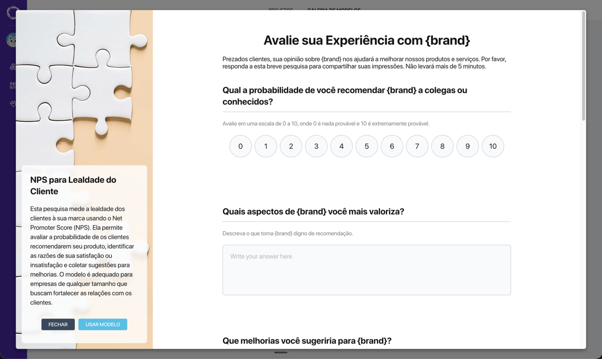 Janela de pré-visualização de modelo do Pollsar — descrição à esquerda, pré-visualização interativa da pesquisa à direita
