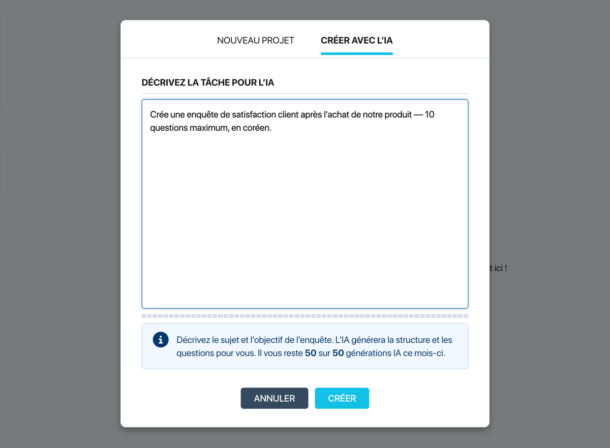 Fenêtre de création du projet de Pollsar — l'onglet Créer avec l'IA avec le champ de texte de description de la tâche et l'indicateur de générations