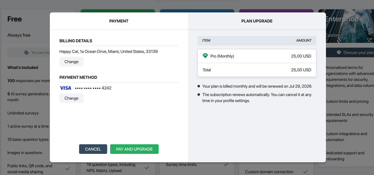 Pollsar payment window — Payment section with Billing Details and Payment Method on the left, Plan Upgrade table on the right, Cancel and Pay and Upgrade buttons at the bottom