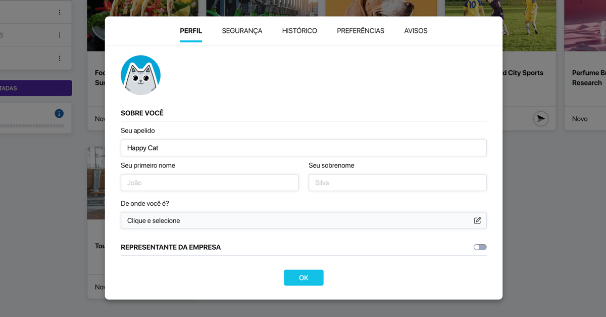 Aba «Perfil» do Pollsar com campos de apelido, nome e avatar