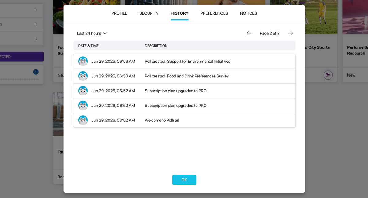 History tab in Pollsar profile settings — event table with period and member filters