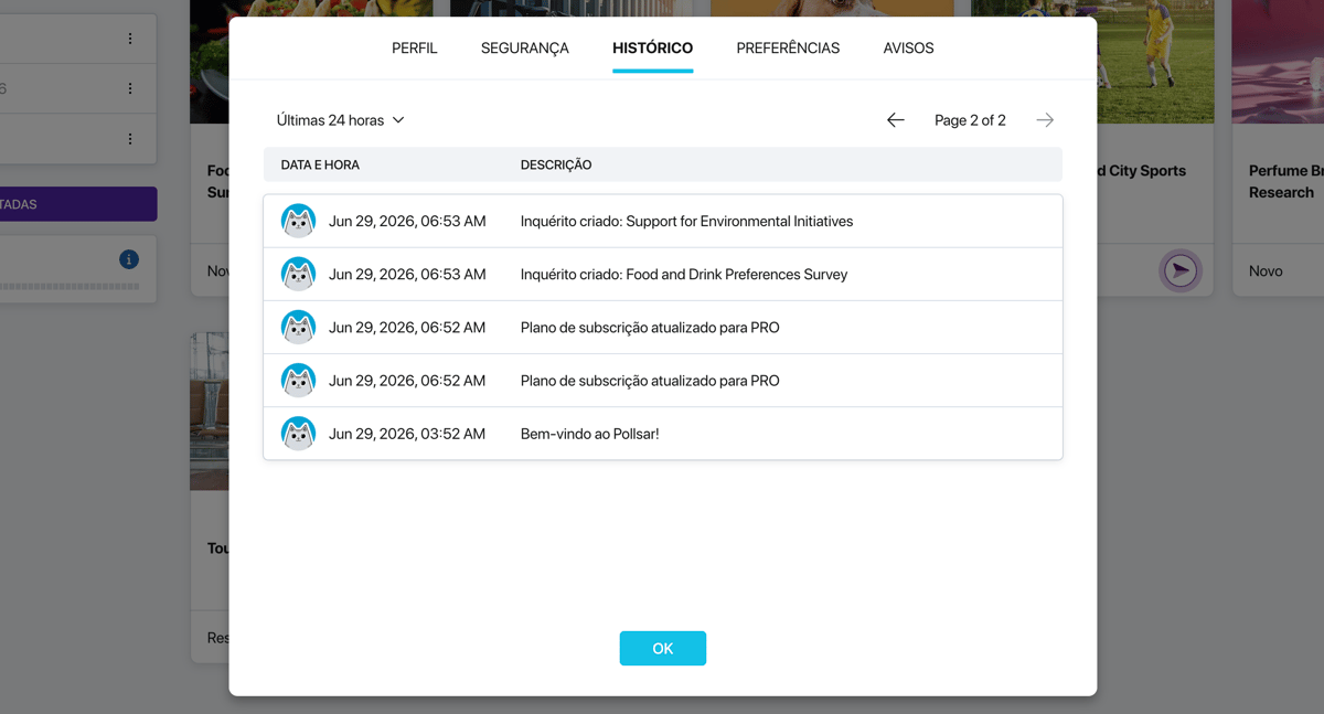 Aba «Histórico» nas configurações do perfil do Pollsar — tabela de eventos com filtros de período e participante