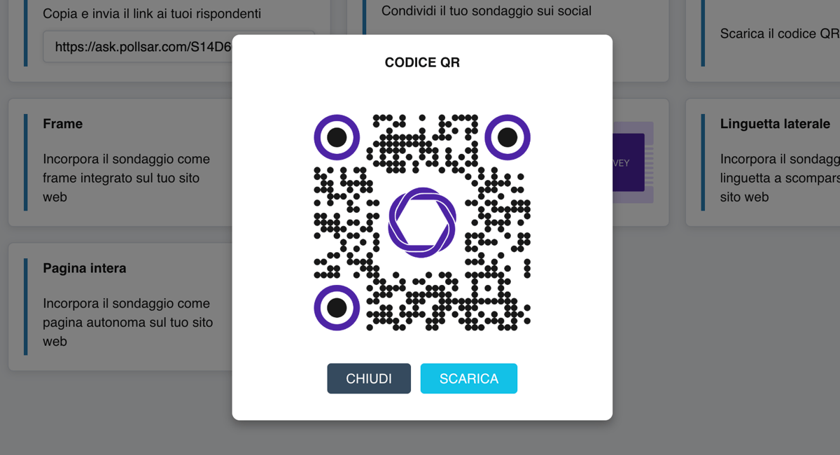 La finestra del codice QR: un grande codice QR con marchio e un pulsante di download