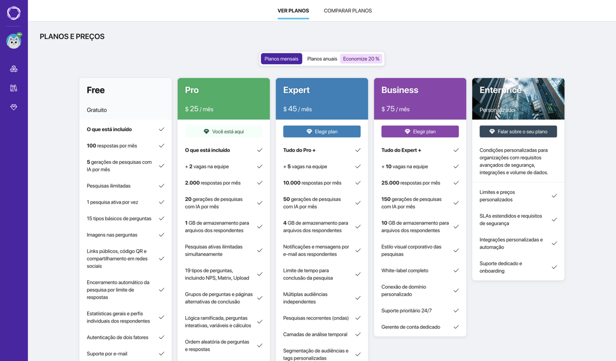 Página de planos do Pollsar com cartões de planos e seletor mensal/anual