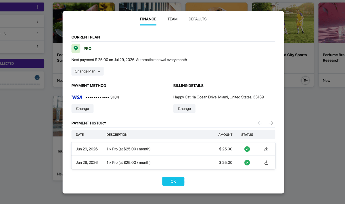 Payment history table in the Pollsar Finance section with date, description, amount, status, and invoice download button