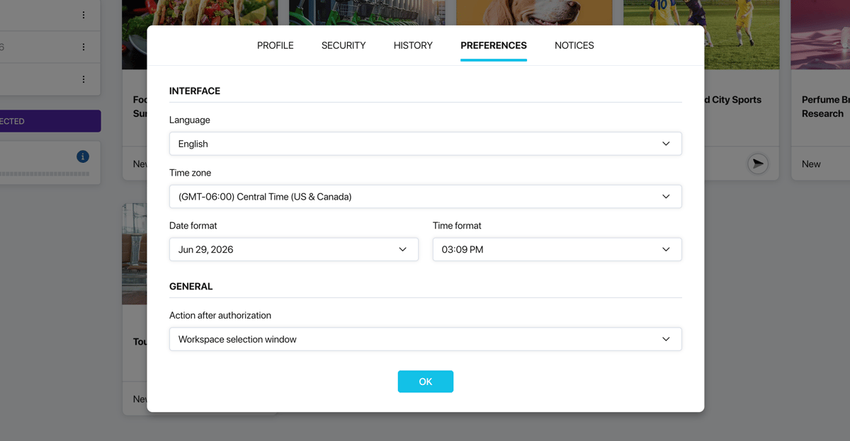 Preferences tab in Pollsar profile settings with General and Interface blocks