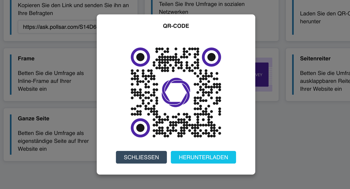 Das QR-Code-Fenster: ein großer gebrandeter QR-Code mit einer Download-Schaltfläche