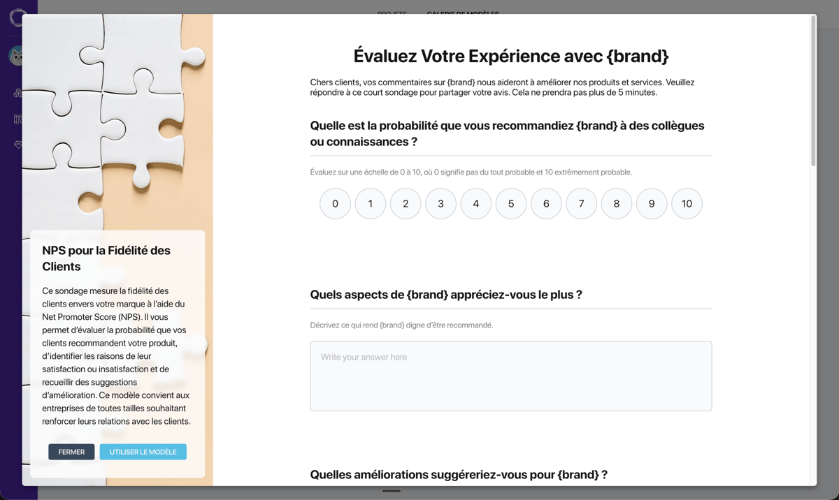 Fenêtre d'aperçu de modèle Pollsar — description à gauche, aperçu interactif du sondage à droite