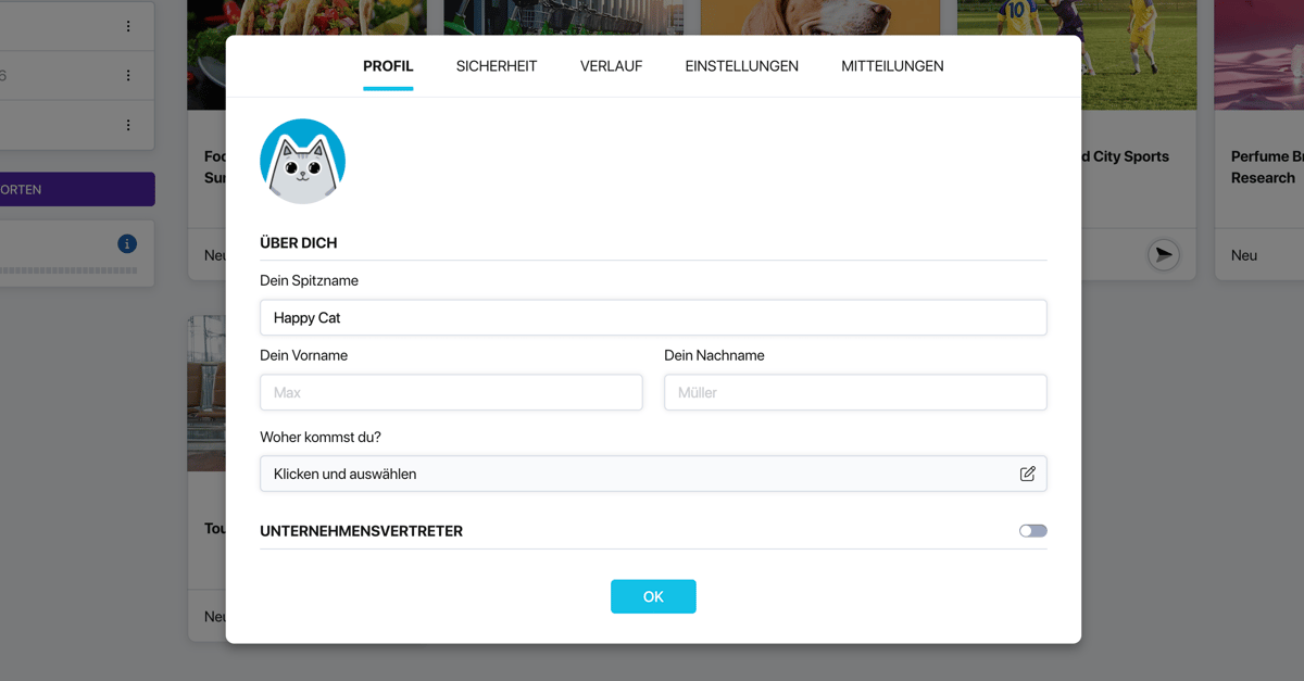 Pollsar-Tab «Profil» mit Feldern für Spitzname, Name und Avatar
