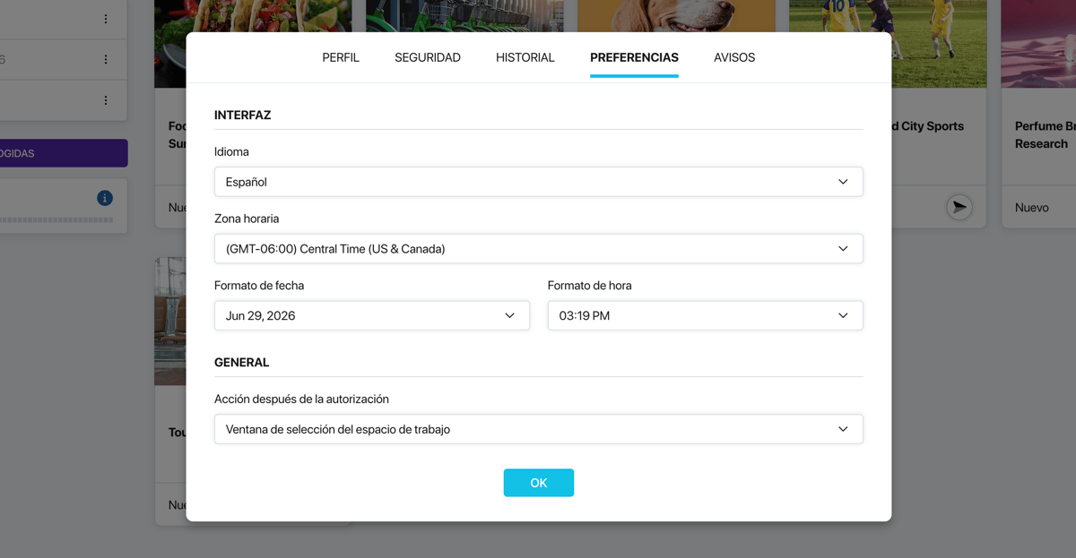Pestaña «Preferencias» en la configuración del perfil de Pollsar con los bloques «General» e «Interfaz»