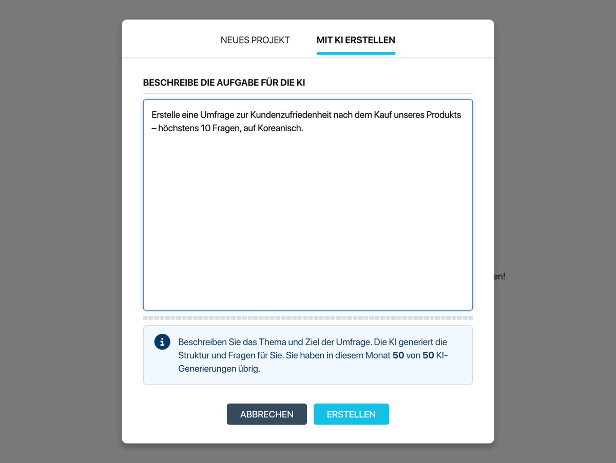 Pollsar-Fenster zur Projekterstellung — der Tab Mit KI erstellen mit dem Textfeld für die Aufgabenbeschreibung und der Generierungsanzeige