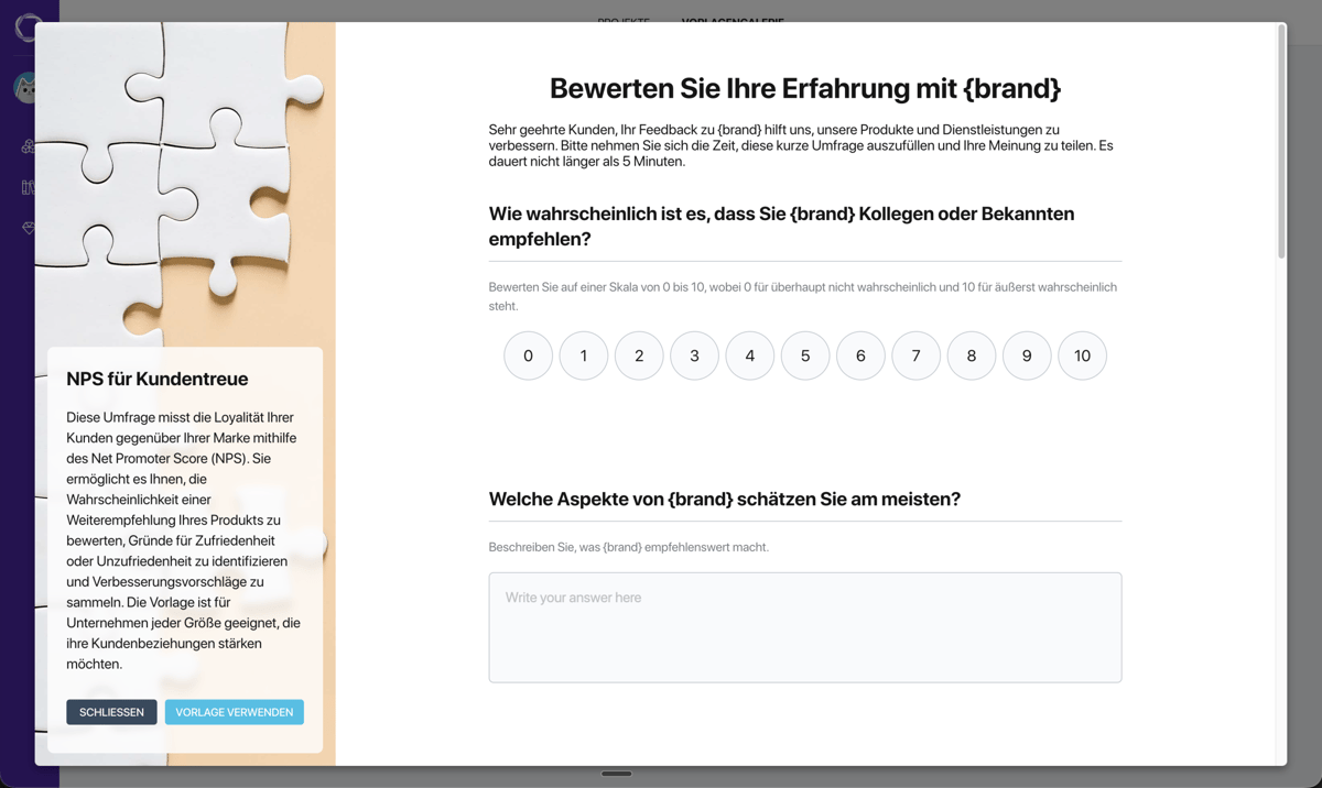 Pollsar-Vorlagenvorschaufenster — Beschreibung links, interaktive Umfragevorschau rechts