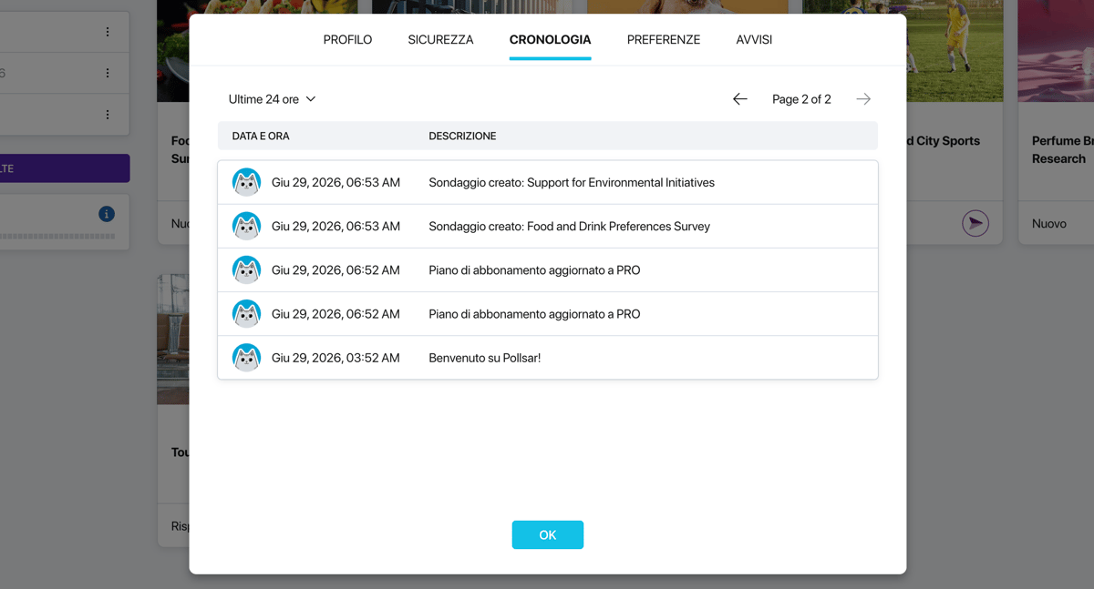 Scheda «Cronologia» nelle impostazioni del profilo Pollsar — tabella degli eventi con filtri per periodo e membro