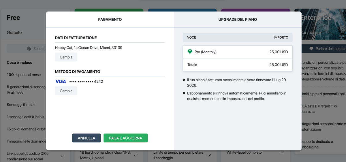 Finestra di pagamento Pollsar — sezione pagamento con dati di fatturazione e metodo di pagamento a sinistra, tabella upgrade del piano a destra, pulsanti Annulla e Paga e aggiorna in basso