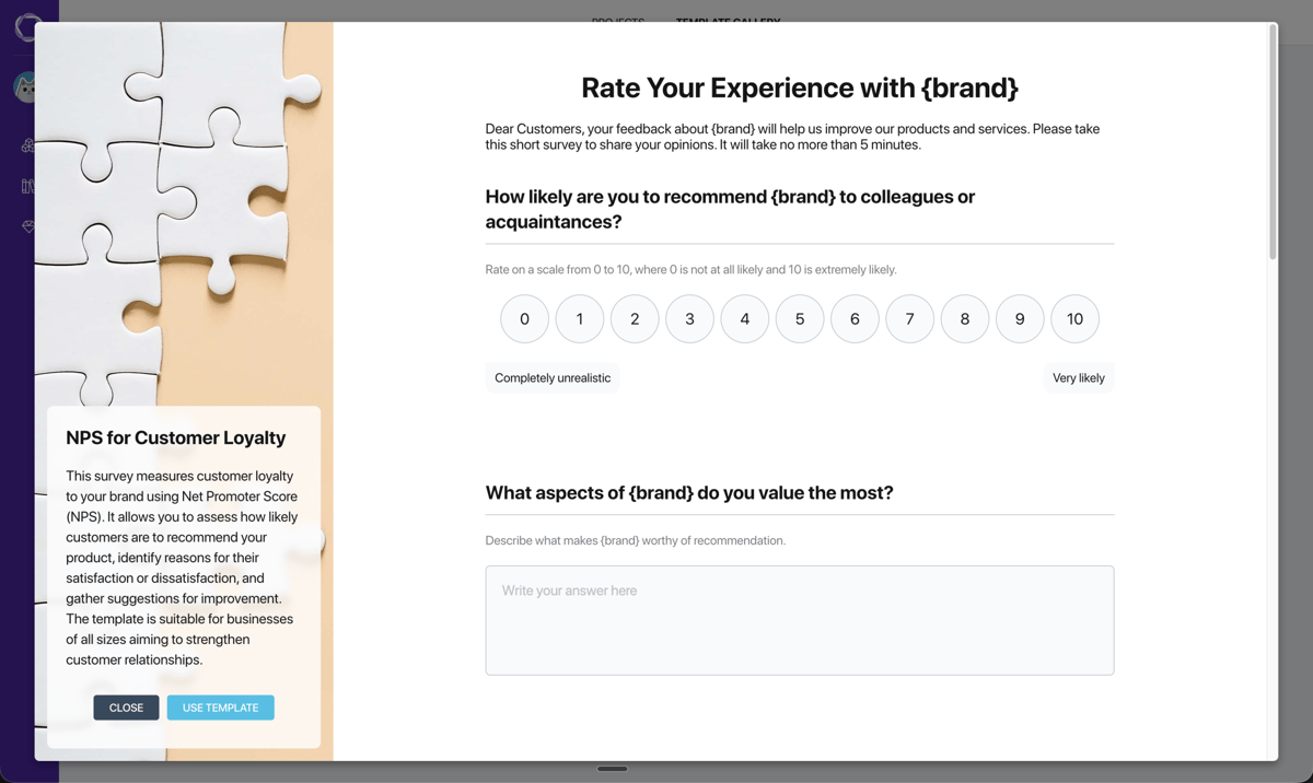 Pollsar template preview window — description on the left, interactive survey preview on the right
