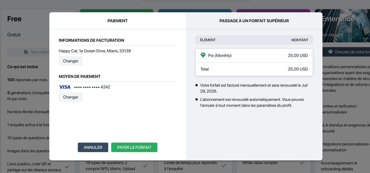 Fenêtre de paiement Pollsar — section paiement avec informations de facturation et moyen de paiement à gauche, tableau de passage à un forfait supérieur à droite, boutons Annuler et Payer le forfait en bas