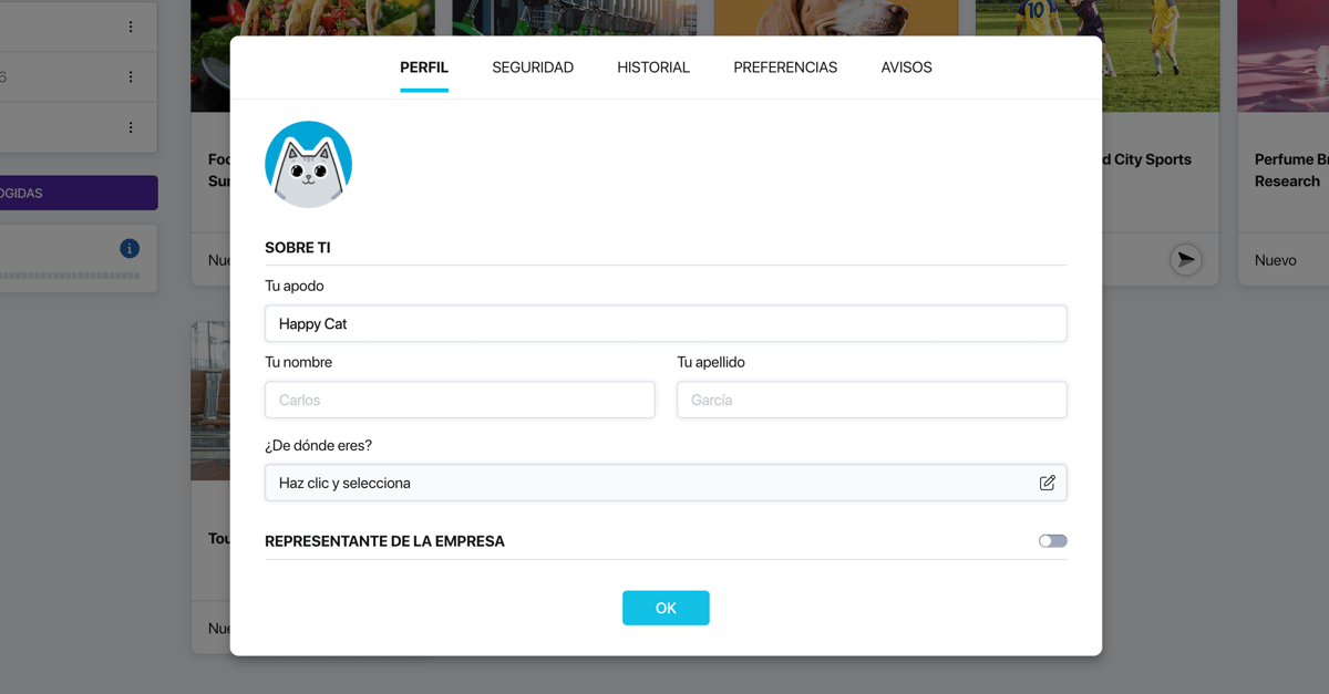 Pestaña «Perfil» de Pollsar con los campos de apodo, nombre y avatar