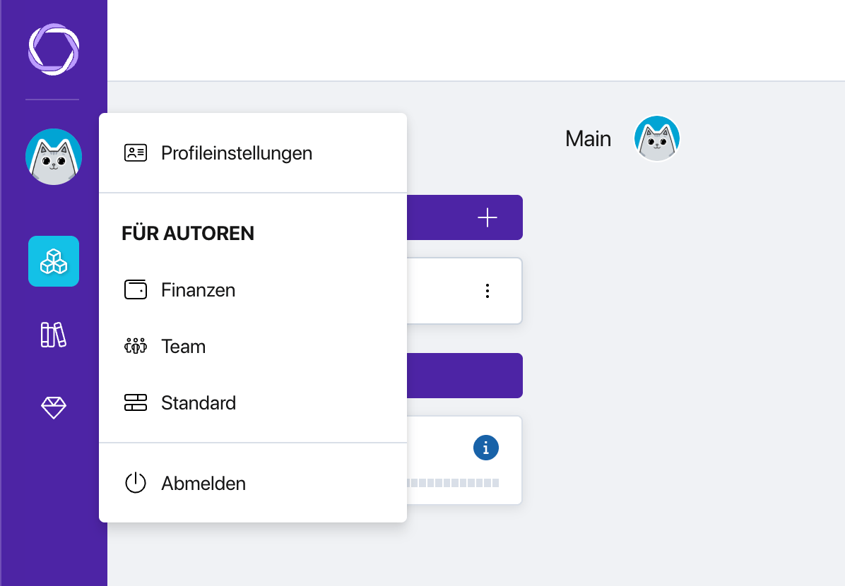 Pollsar-Profil-Kontextmenü mit Einstellungen und Arbeitsbereichsoptionen