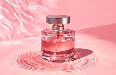 Flacon de parfum rose à bouchon argenté posé dans l’eau sur fond rose