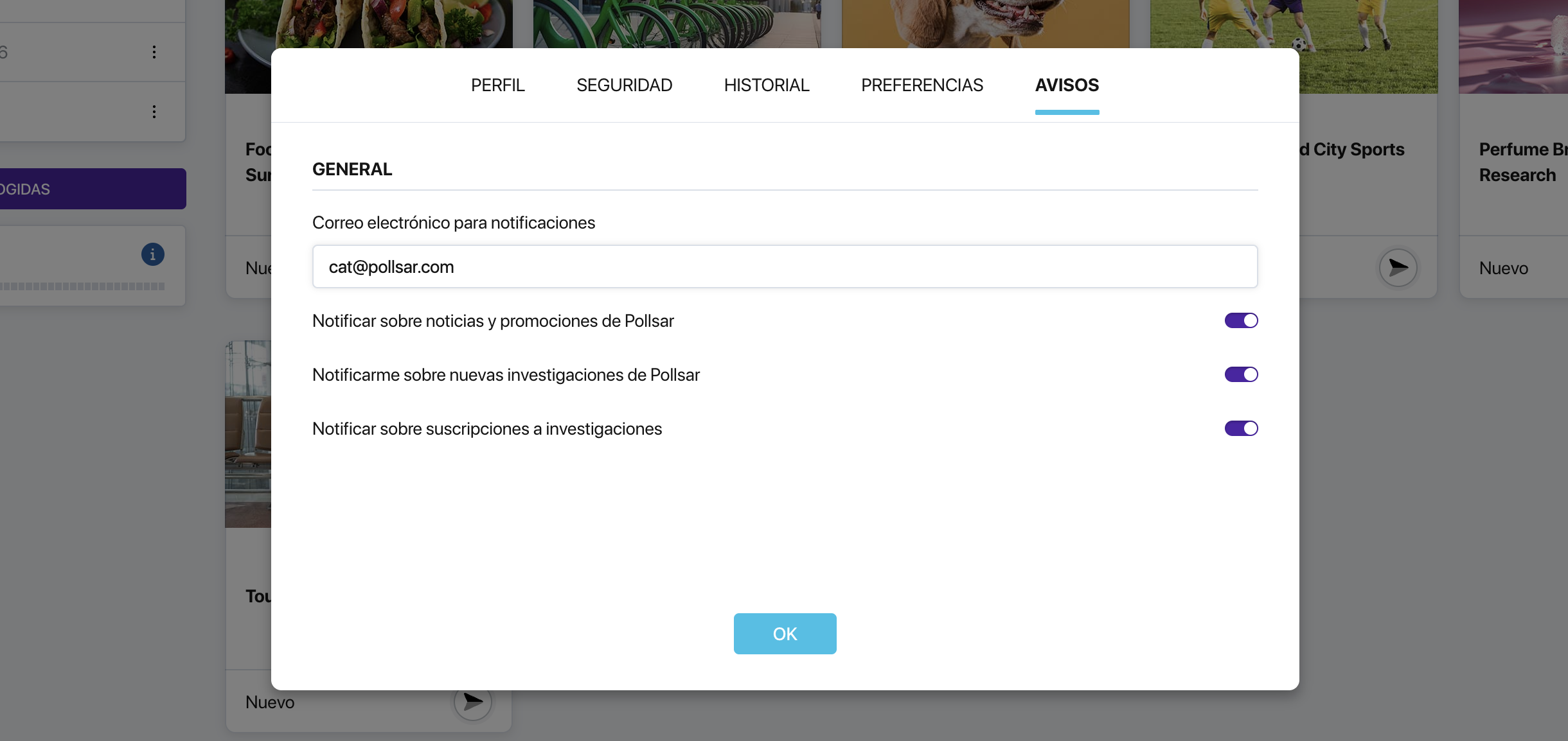 Pestaña «Notificaciones» en la configuración del perfil de Pollsar con los bloques «General», «Para autores» y «Para encuestados»