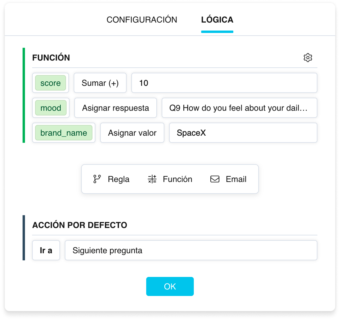 Un bloque «Función»: expresiones con insignias verdes de variables y una línea verde a la izquierda